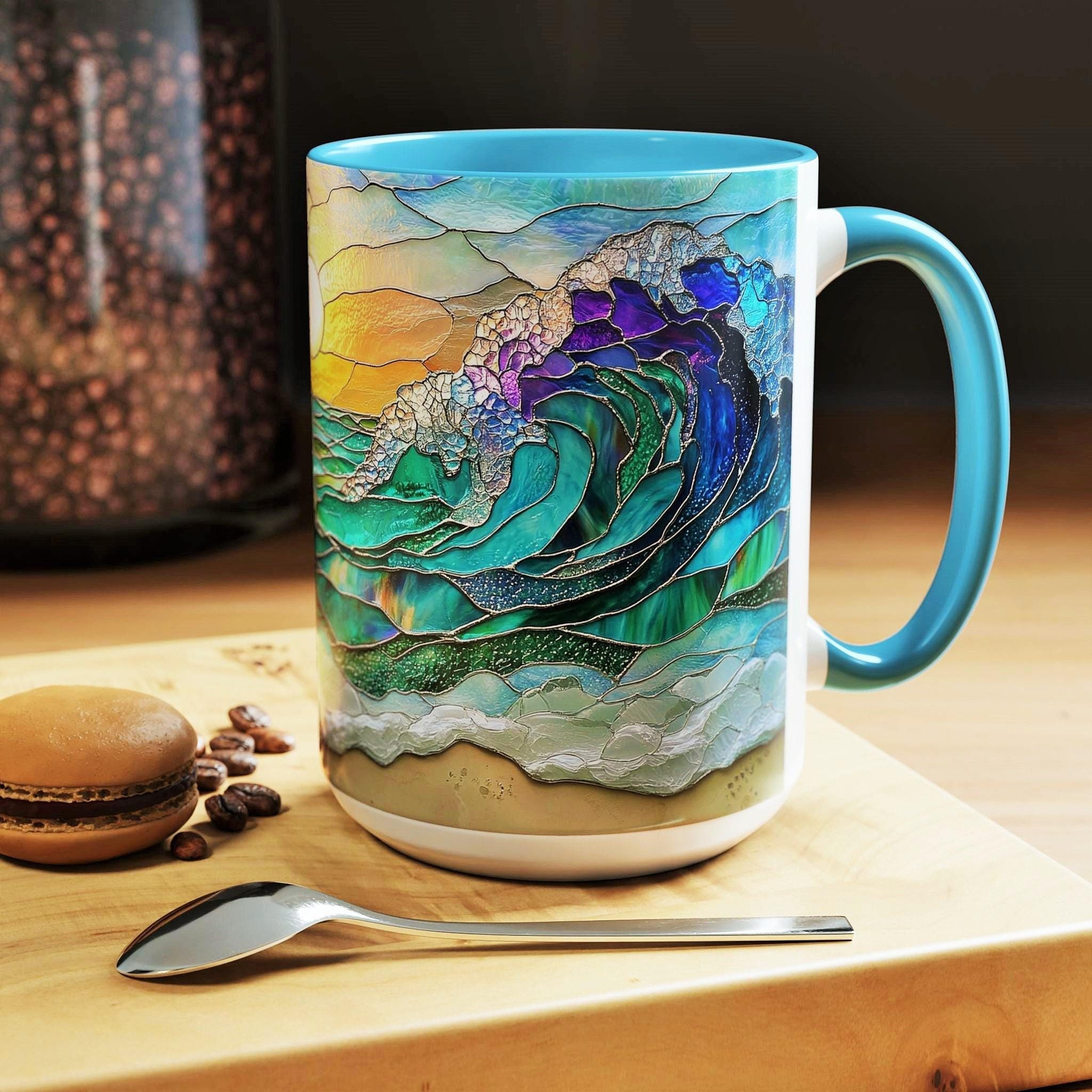 Stained Glass Ocean Mug Coastal Wave Coffee Cup Colorful Beach Art Gift Ocean Themed Mug for Her Beach House Ceramic Cup 15oz