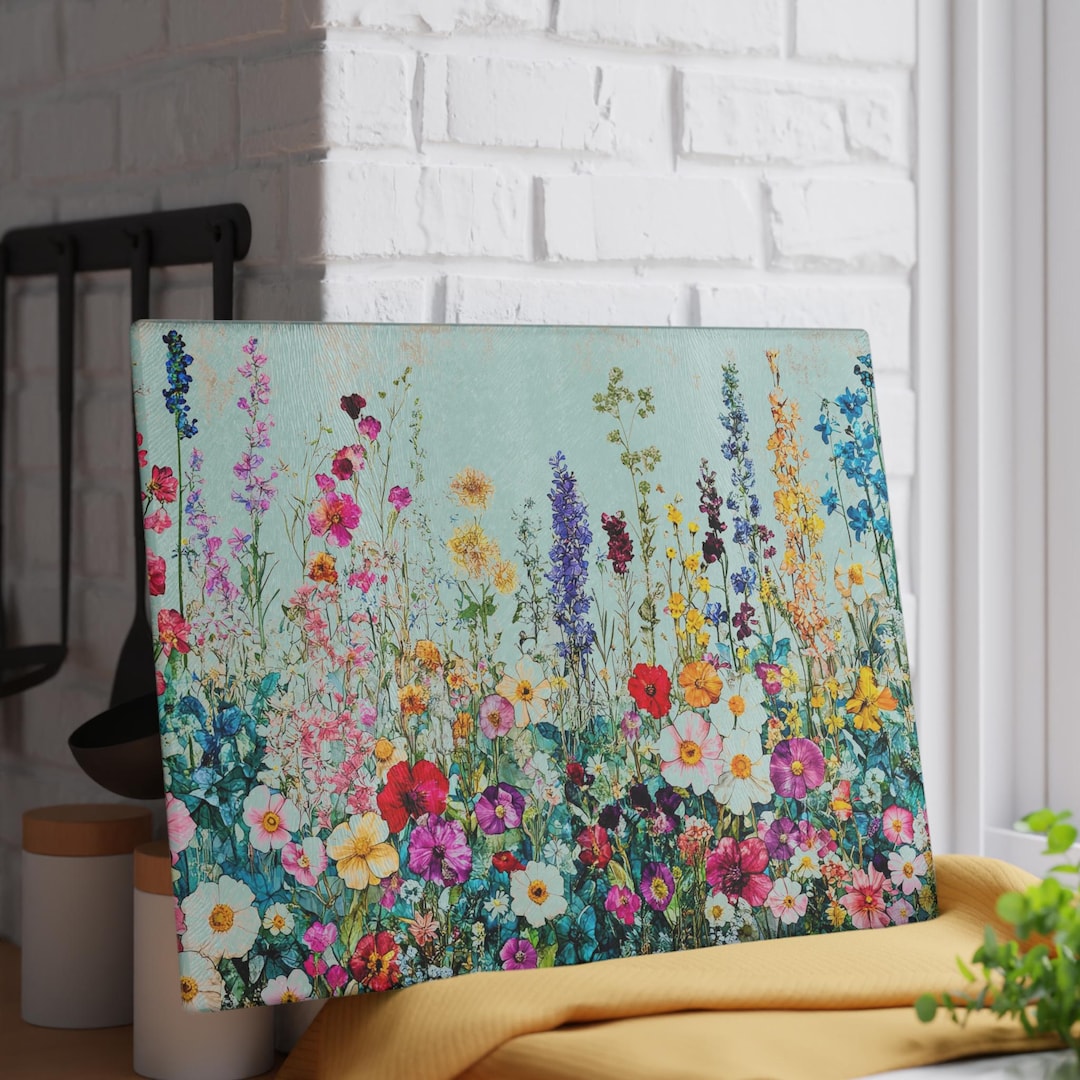 Floral Glass Cutting Board Colorful Wildflower Kitchen Decor Watercolor Botanical Cooking Essential