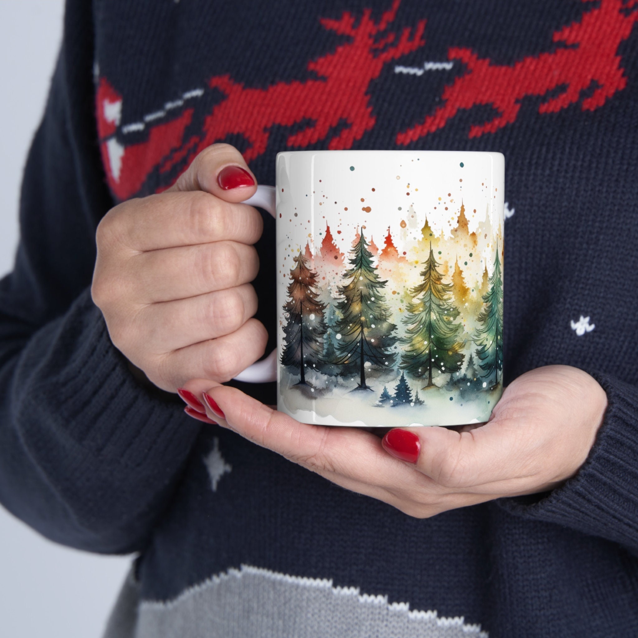 Christmas Evergreen Mug Watercolor Snowy Tree Coffee Cup with Rustic Woodland Design Cozy Festive Holiday Drinkware