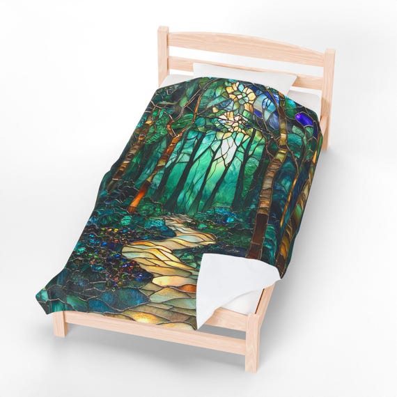 Stained Glass Enchanted Forest Blanket Mystical Woodland Path Velveteen Throw Nature Aesthetic Bedroom Decor Fairytale Forest Bedding