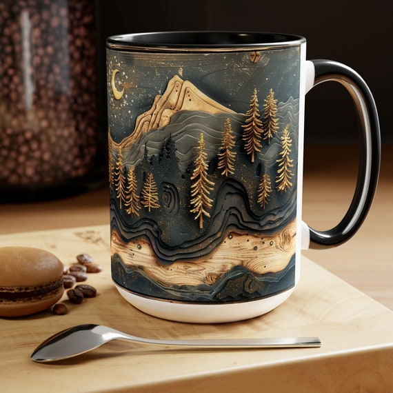Faux Wood Mountain Mug Rustic Forest Coffee Cup Nature Lover Drinkware Cabin Outdoor Ceramic 15oz