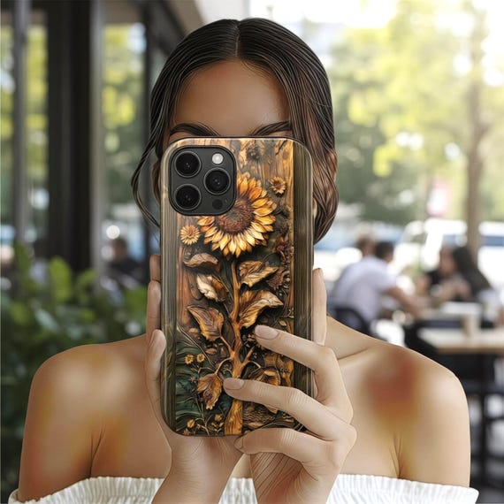 Faux Wood Sunflower Phone Case Rustic Floral Design Nature Inspired Art Farmhouse Autumn Aesthetic Iphone & Samsung