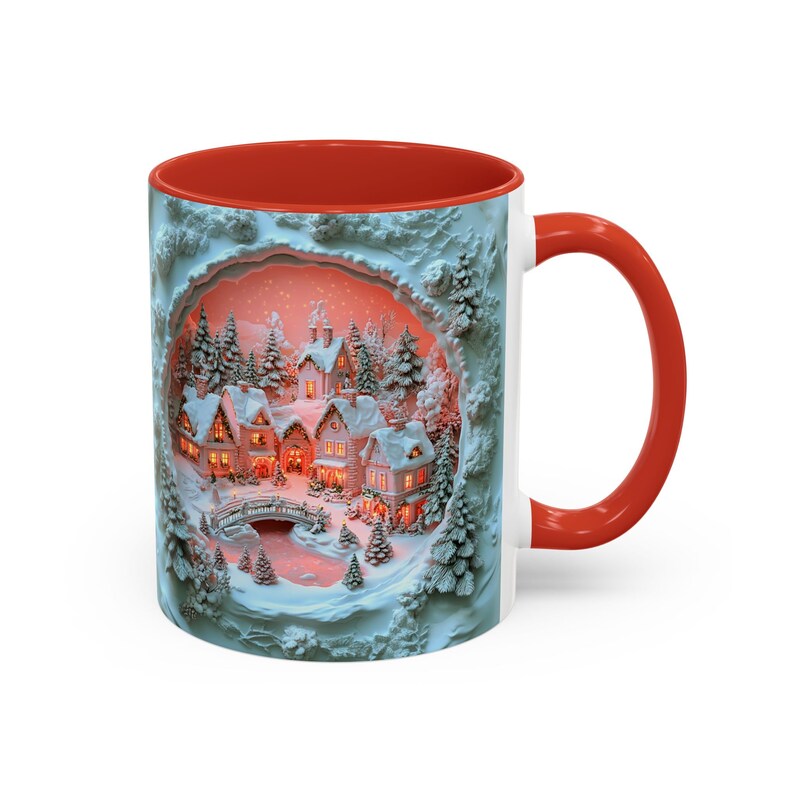 Hole in Wall PRINT Pink Winter Village Mug Holiday Snowy Landscape
