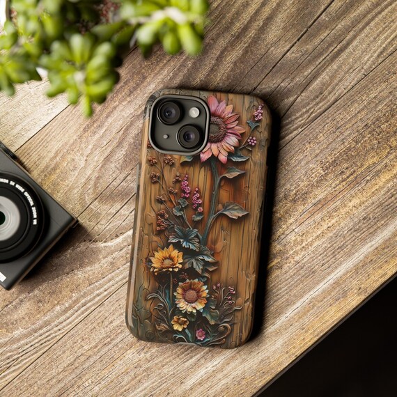 Rustic Sunflower Phone Case: Cottagecore Floral Wood Panel Cover