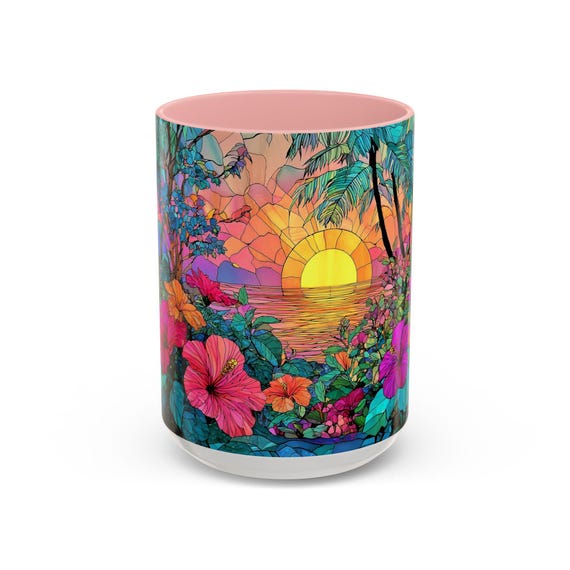  ハイビスカスマグカップ＆プレート2点セット トロピカルサンセットコーヒーマグ：ハイビスカスの花柄、ビーチハウス