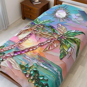 May include: A colorful bedspread featuring a tropical beach scene with palm trees, a sun, and ocean waves. The design has a stained glass effect, with vibrant hues of blue, green, pink, and orange. The bedspread is on a wooden bed frame.