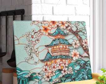 Tagliere floreale giapponese a forma di pagoda, in vetro colorato, con decorazione in vetro temperato con fiori di ciliegio