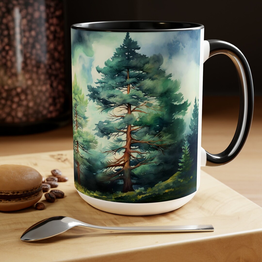 Watercolor Pine Tree Mug Forest Landscape Coffee Cup Etsy