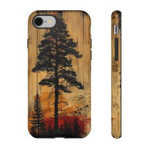 Custodia per telefono in pino rustico Custodia per telefono in legno con stampa Accessorio per telefono per amanti della natura Decorazione per cabina Regalo con albero di pino Arte moderna Accessori per telefono