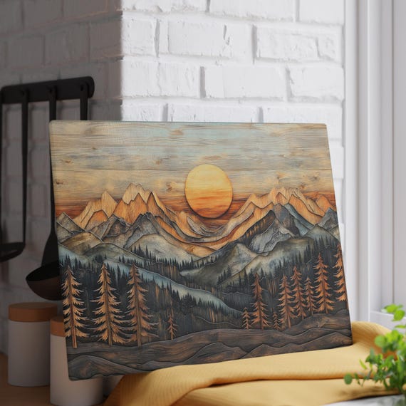 Mountain Sunset Cutting Board Rustic Landscape Tempered Glass Board Cabin Kitchen Counter Decor
