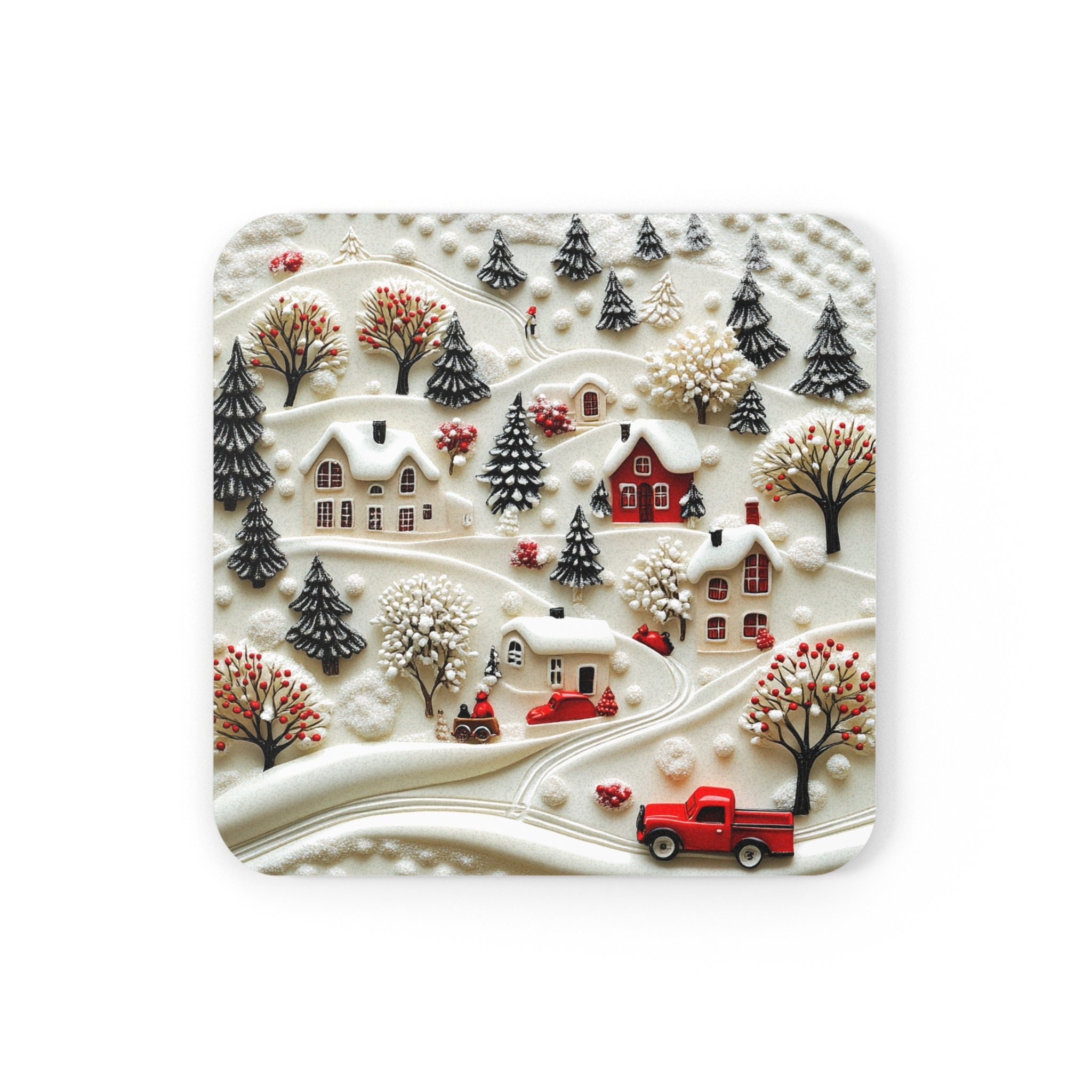 Whimsical Winter Village Coaster Red Truck Snowy Cottage Scene Christmas Table Decor Holiday Drinkware