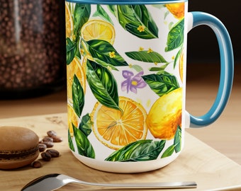 レモンマグ：春のガーデンフローラルセラミックカップ - 15オンス