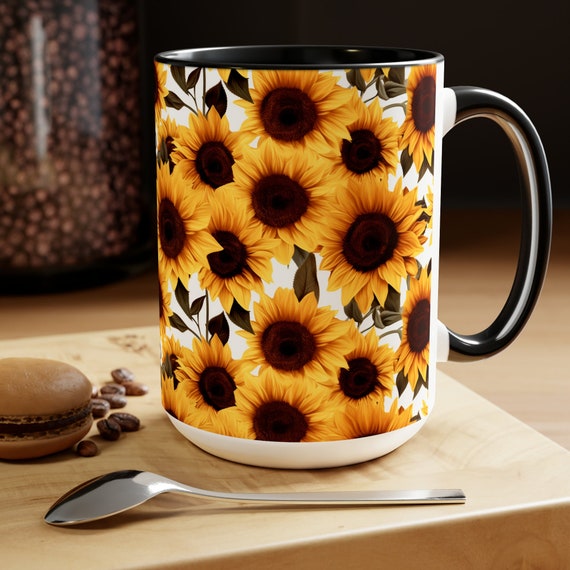 Sunflower Coffee Mug: Rustic Farmhouse Ceramic Cup, 15oz