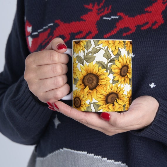 Sunflower Coffee Mug Vintage Style Floral Tea Cup with Yellow Blooms Rustic Botanical Design 11oz Kitchen Mug