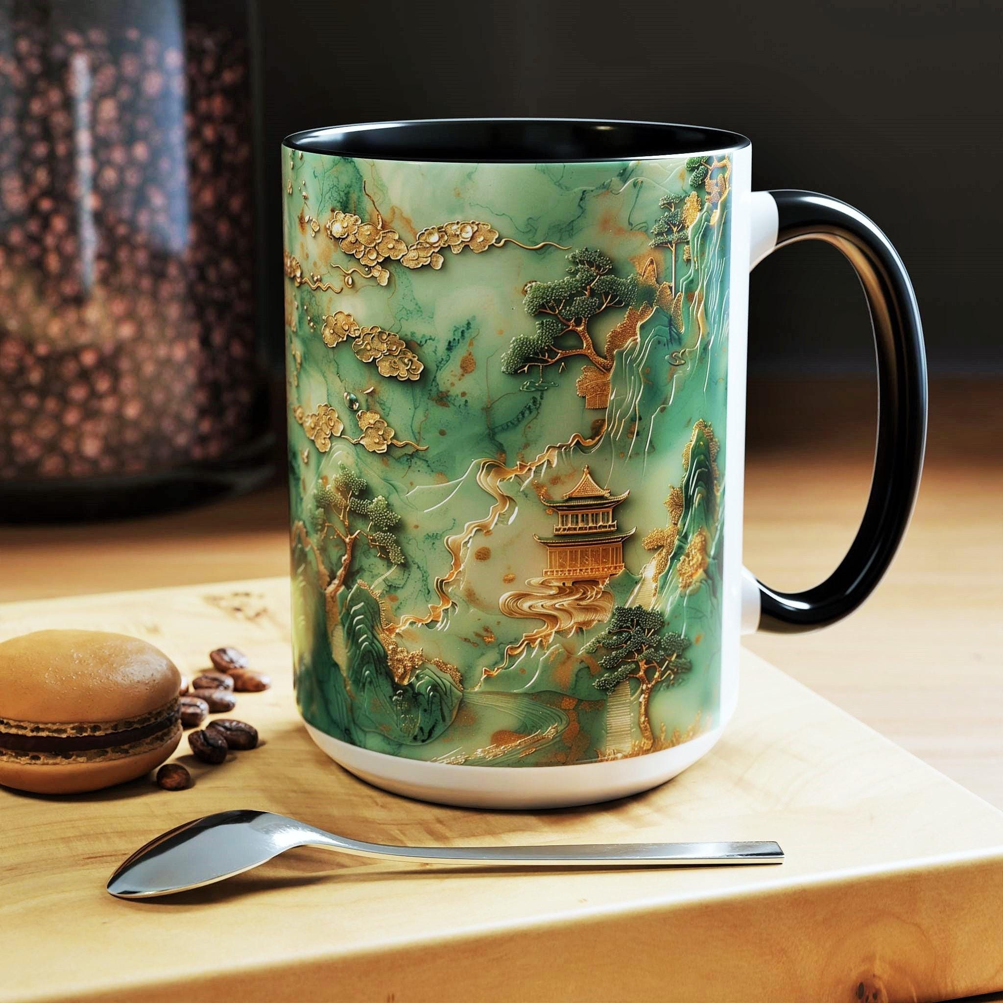 Asian Green Jade Mug Japanese Pagoda Ceramic 15oz Coffee Cup Gold