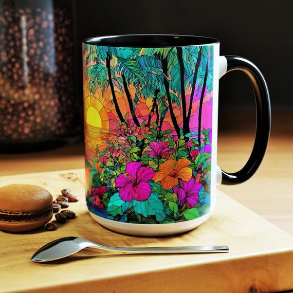 トロピカルサンセットコーヒーマグ：ハイビスカスの花柄、ビーチハウス
