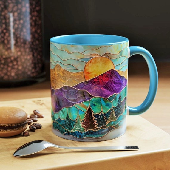 Stained Glass Mountain Mug Watercolor Sunset Ceramic Coffee Cup 11oz or 15oz