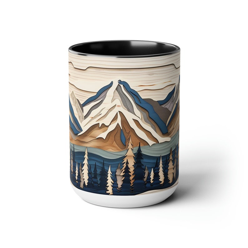 Mountain Mug Wood Panel Coffee Mug Mountain Range Modern Art Tea Cup ...