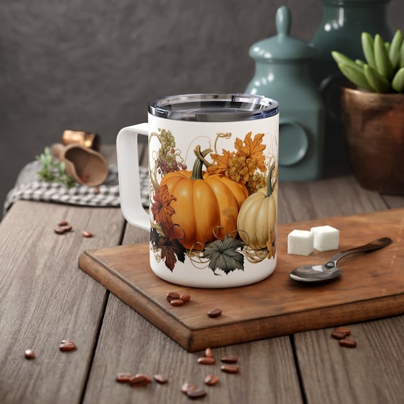 Pumpkin Travel Insulated Mug Fall Harvest Coffee Cup, 10oz