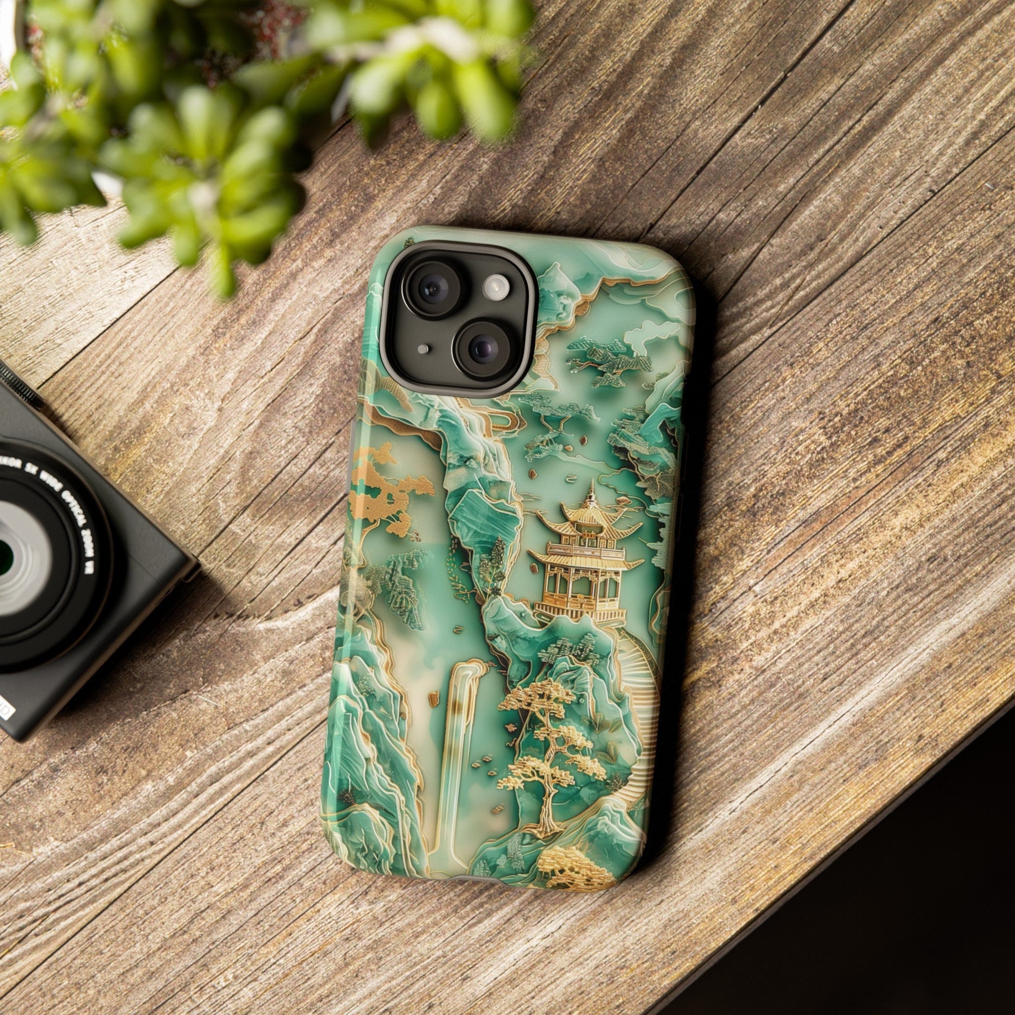 Coque de portable paysage asiatique, montagne, jade, pagode, iphone, Samsung, coque, chute d'eau, nature, art, design