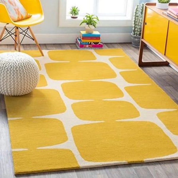 Arches Cut-Pile Mustard color 8x10 9x12 Hand-Tufted 100% Wool Handmade Area Rug Carpet for Home, Bedroom, Living Room, Dining Room, Kitchen