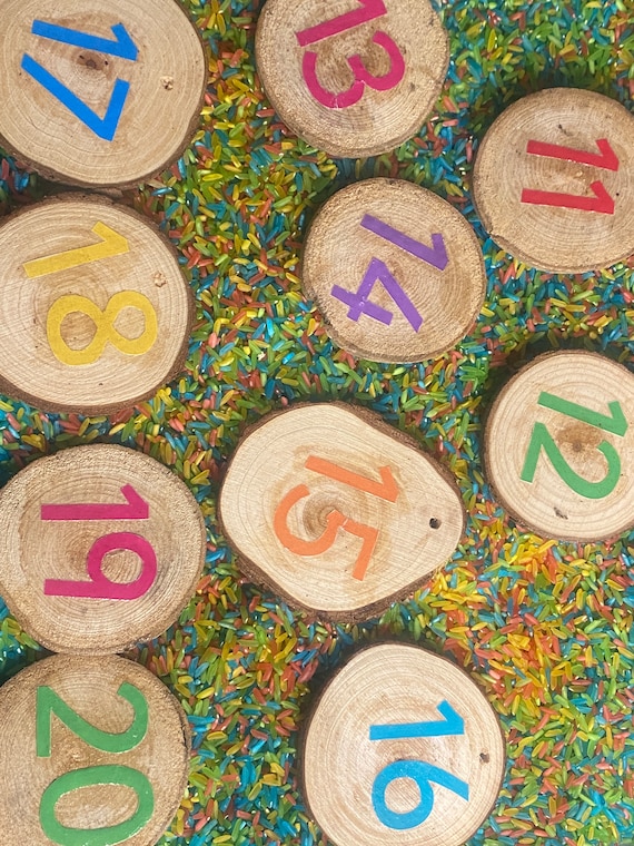 Numbers 1-20 Double Sided Tuff Tray Decoupaged Wooden Cookies and