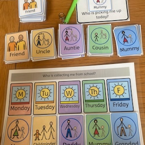 May include: A colourful chart with pictures and text for a child to use to communicate who is picking them up from school. The chart includes days of the week, family members, and other caregivers.
