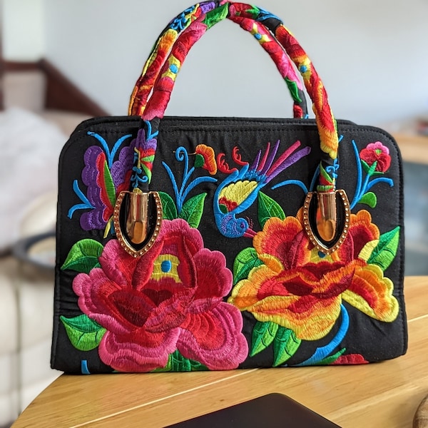 Colorful Bird & Floral Top Handle Bag
