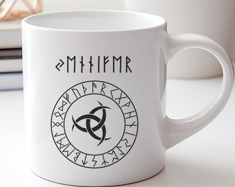 Personalised Viking Runes Mug, Custom Name in Futhark Runes Cup, Triple Horn of Odin Mug, Odin's Horns Viking Gift, Norse Mythology Gifts