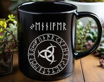 Personalised Viking Runes Mug, Custom Name in Futhark Runes Cup, Triple Horn of Odin Mug, Odin's Horns Viking Gift, Norse Mythology Gifts