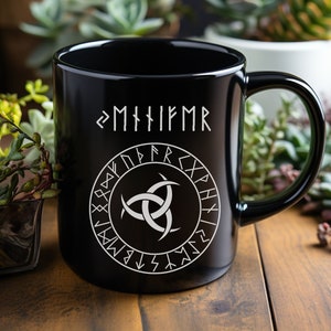Personalised Viking Runes Mug, Custom Name in Futhark Runes Cup, Triple Horn of Odin Mug, Odin&#39;s Horns Viking Gift, Norse Mythology Gifts