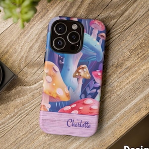 Personalized Mushroom Phone Case, Custom Name Tough Phone Case, Cottagecore Trippy Mushroom Case, iPhone 16 15 14 13 Pro Max, Samsung, Pixel
