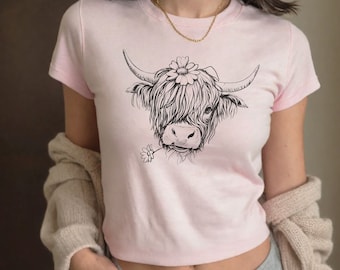 Y2K Baby Tee Shirt, Cute Highland Cow TShirt, Trendy Y2K T-shirt, Girl Y2K Streetwear, Generation Z Baby Tee, Cute Crazy Shirt,Fashion Rebel