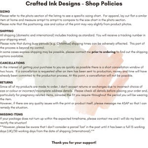 May include: A text-based document outlining shop policies for Crafted Ink Designs. The document covers sizing, shipping, cancellations, returns, and missing items. The document includes information about shipping times, cancellation windows, return policies, and missing item procedures.