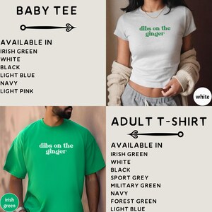 以下が含まれることがあります： 緑色の文字で「dibs on the ginger」と書かれたTシャツが2枚。Tシャツは、アイルランドグリーン、ホワイト、ブラック、ライトブルー、ネイビー、ライトピンク、スポーツグレー、ミリタリーグリーン、フォレストグリーン、ライトブルーなど、さまざまな色からお選びいただけます。