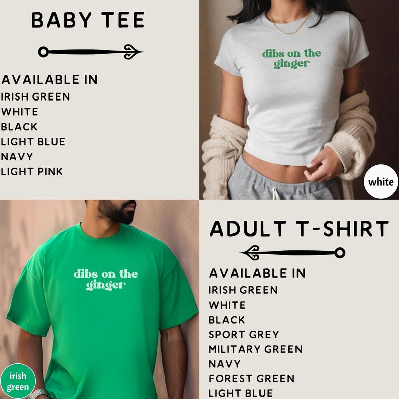 以下が含まれることがあります： 緑色の文字で「dibs on the ginger」と書かれたTシャツが2枚。Tシャツは、アイルランドグリーン、ホワイト、ブラック、ライトブルー、ネイビー、ライトピンク、スポーツグレー、ミリタリーグリーン、フォレストグリーン、ライトブルーなど、さまざまな色からお選びいただけます。