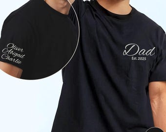 Personalisiertes Dad T-Shirt, Sweatshirt oder Hoodie mit Kindernamen, personalisierte Namen auf dem Ärmel, Vatertagsgeschenk, neuer Vater Est Jahr
