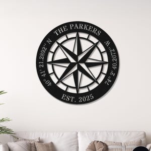 Compass Metal Sign Nautical Compass Wall Art GPS Coordinates Last Name Date Decor Outdoor Sign Personalized Wedding Gift Housewarming Gift
