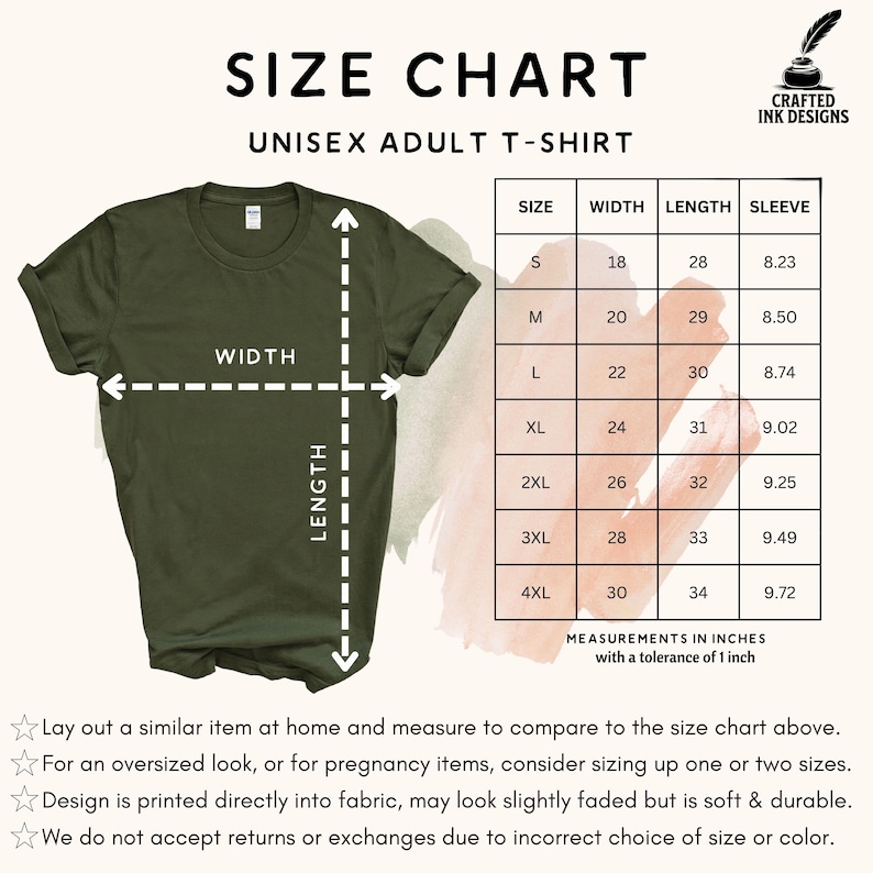 以下が含まれることがあります： ユニセックス大人用Tシャツのサイズチャート。チャートは、サイズSから4XLまでの幅、長さ、袖丈をインチで示しています。