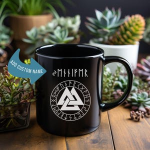 Personalised Viking Runes Mug with Valknut Symbol: Custom Name in Futhark Runes