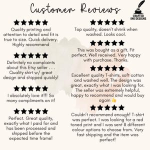 May include: Customer reviews for Crafted Ink Designs. Text includes positive feedback on quality, fit, and delivery. The reviews mention quality printing, soft cotton, and great designs. The reviews are accompanied by star ratings.