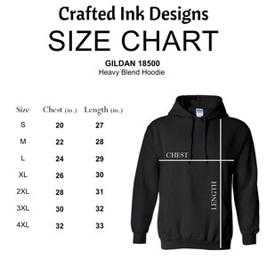 May include: Size chart for Gildan 18500 Heavy Blend Hoodie. The chart shows chest and length measurements in inches for sizes S through 4XL.
