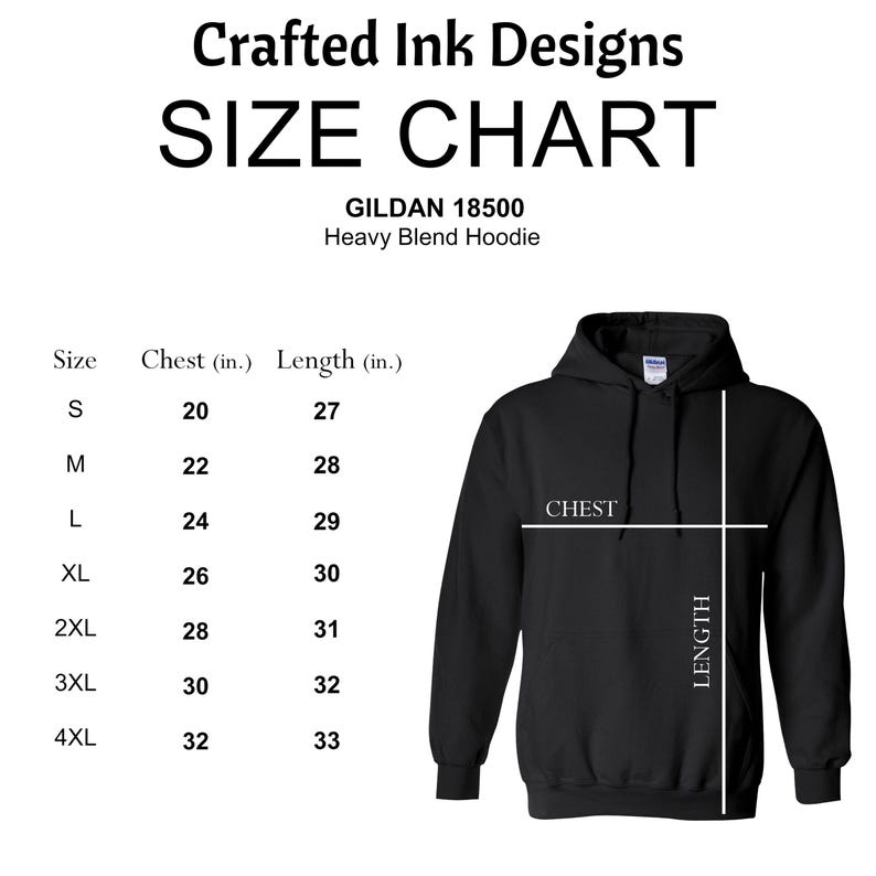 May include: Size chart for Gildan 18500 Heavy Blend Hoodie. The chart shows chest and length measurements in inches for sizes S through 4XL.