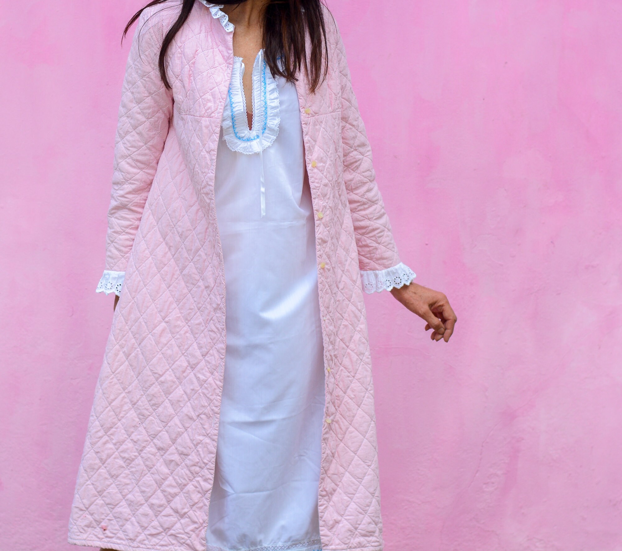 Vintage Quilted Button Down Robe in Pink Pastel Colors /VINTAGE 70S