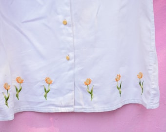 Vintage 1990's night jacket / white pajama top with yellow embroidered flowers / Gift for her/