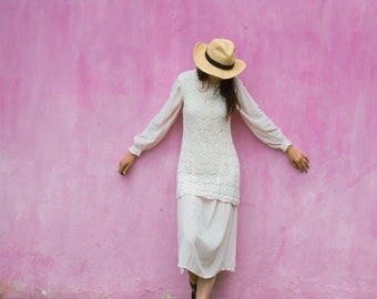 Vintage White Crochet Dress / Two-Piece Set with Super Vintage Nightgown and Crocheted Dress