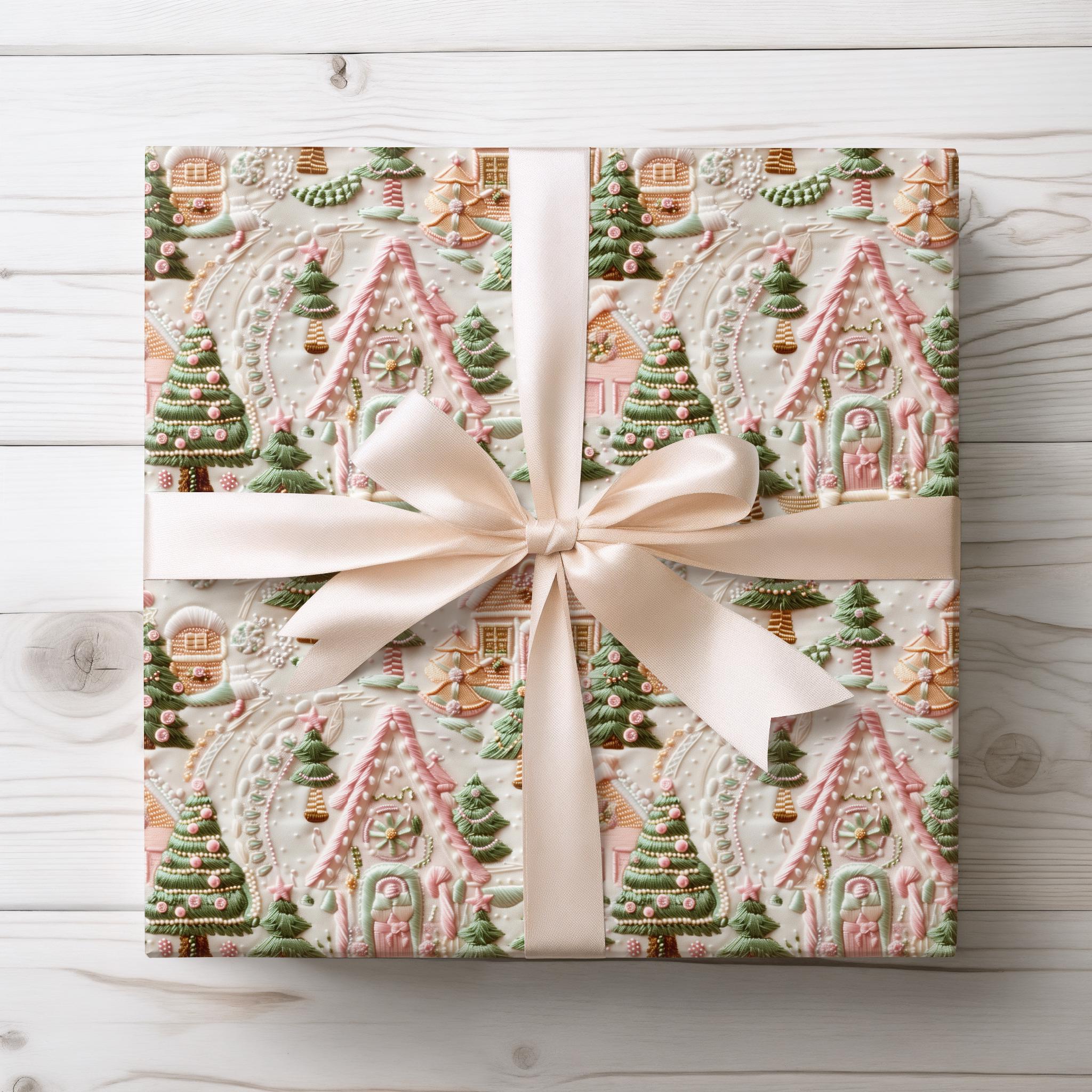 Pink Christmas Village Gift Wrap, Christmas Wrapping Paper, Soft Pinks & Green Color Pallet, Eco Friendly, Wrapping Paper Rolls