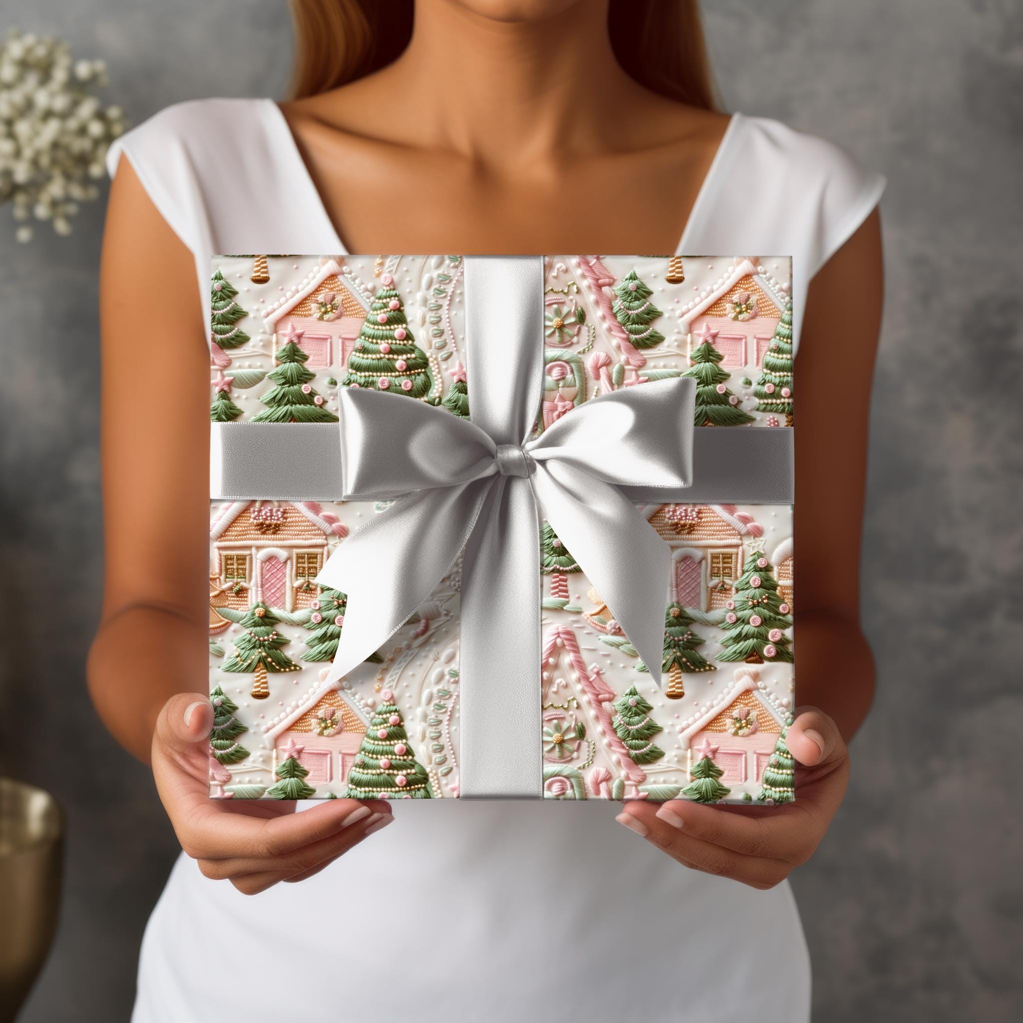 Pink Christmas Village Gift Wrap, Christmas Wrapping Paper, Soft Pinks & Green Color Pallet, Eco Friendly, Wrapping Paper Rolls