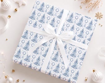 Blue Christmas Tree Wrapping Paper, Blue Wreath Gift Wrap, Blue White Holiday Wrapping Paper, Preppy Christmas Paper