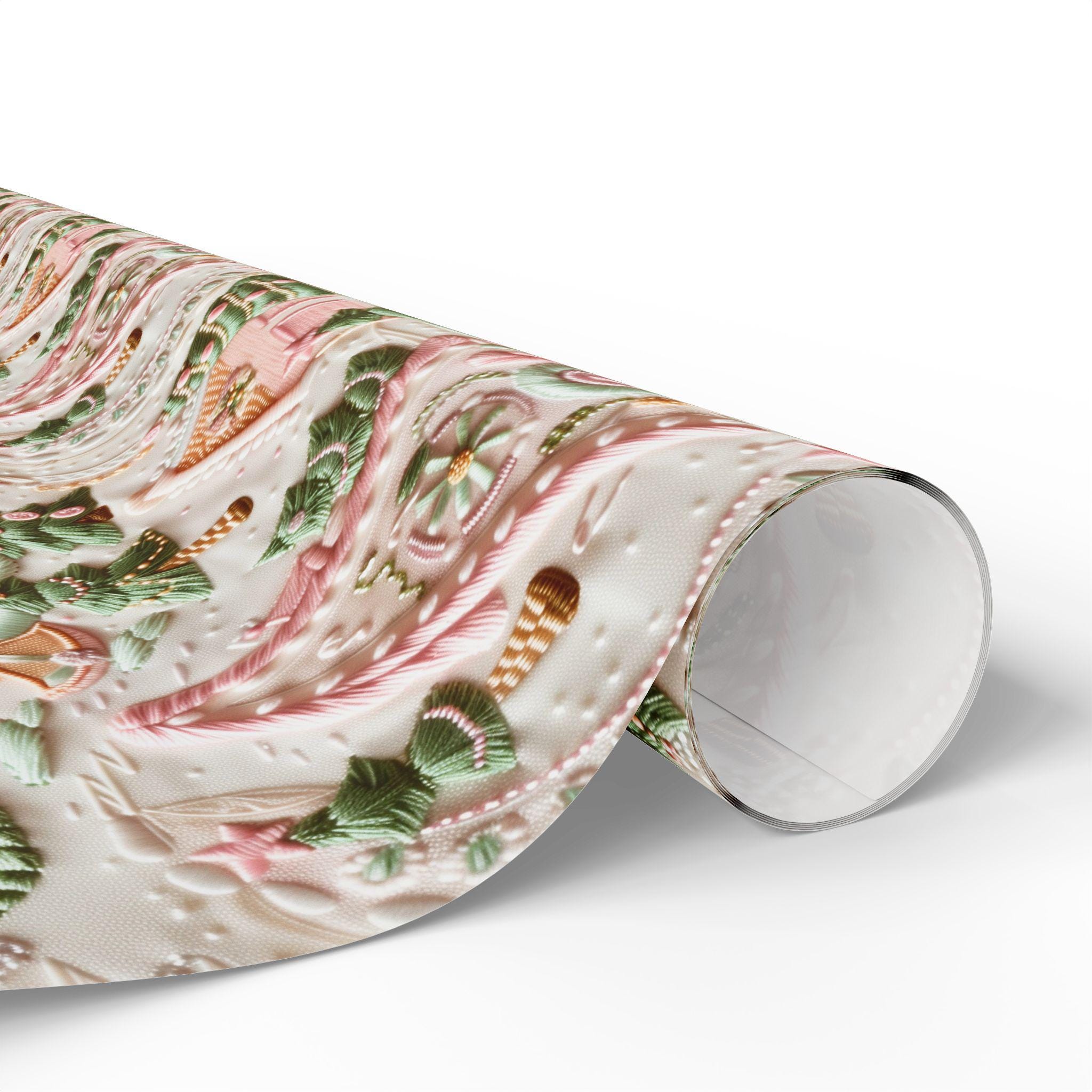 Pink Christmas Village Gift Wrap, Christmas Wrapping Paper, Soft Pinks & Green Color Pallet, Eco Friendly, Wrapping Paper Rolls